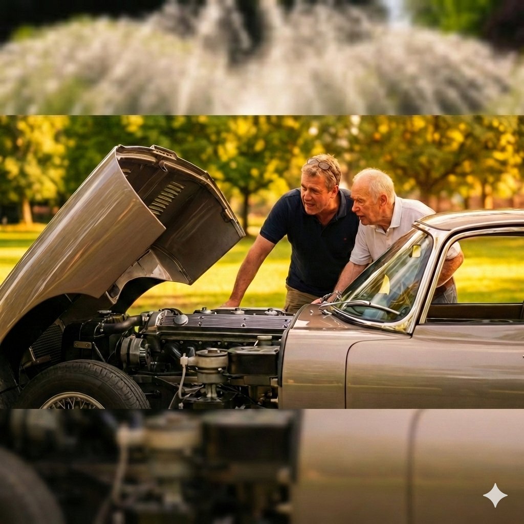 Zwei Oldtimer-Enthusiasten begutachten einen klassischen Motorraum