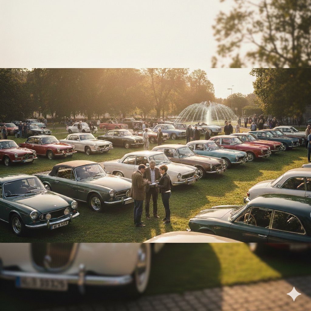 Panorama eines Oldtimer-Treffens mit zahlreichen Klassikern auf einer Parkwiese